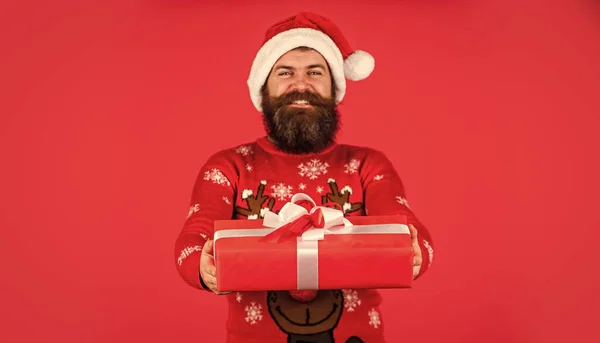 Papai Noel Deseja Feliz Natal Homem Barbudo Gosta Celebrar Natal — Fotografia de Stock