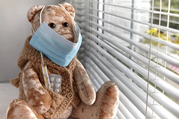 의료용 마스크를 쓴 곰 약 과 온도계를 착용 한 곰 로열티 프리 스톡 사진