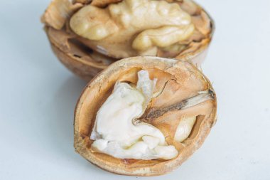 Gri-beyaz arka planda olgun bir cevizin iki yarısı..