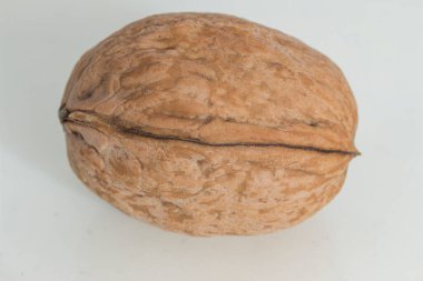 Gri-beyaz arka plan makrosu üzerinde olgun ceviz.