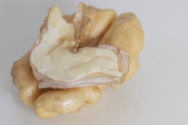 Gri-beyaz arka plan makrosu üzerinde olgun bir ceviz çekirdeği