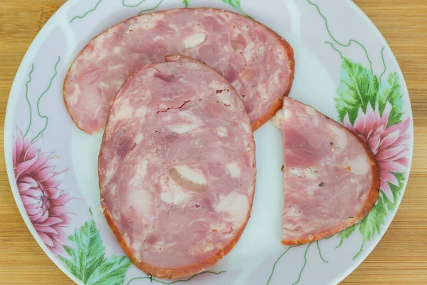 Two Slices Sausage Plate Close — Stock Photo, Image