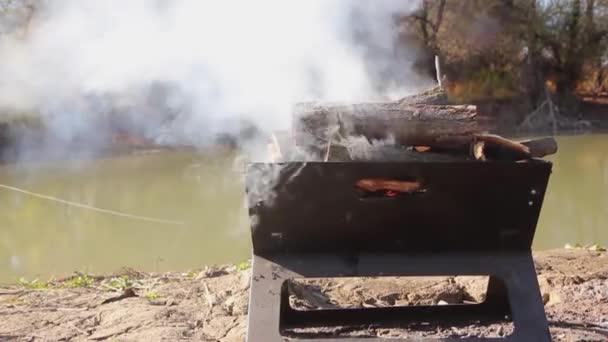 Brûler Bois Chauffage Dans Brasero Sur Rive Rivière Sur Fond — Video