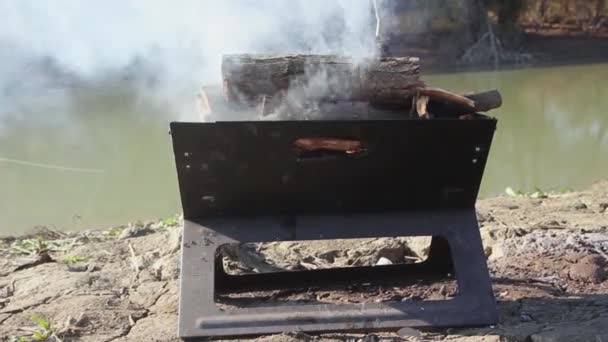 Brûler Bois Chauffage Dans Brasero Sur Rive Rivière — Video