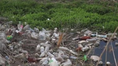 Plastik şişelerden çıkan çöplerle dolu bir göl.