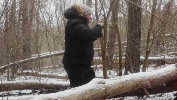写真家は雪に覆われた木の間に古いフィルムカメラで木の上を撮影し — ストック動画