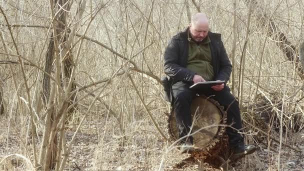 Hombre Bosque Sentado Tocón Grande Mira Sus Fotos Ordenador Portátil — Vídeos de Stock