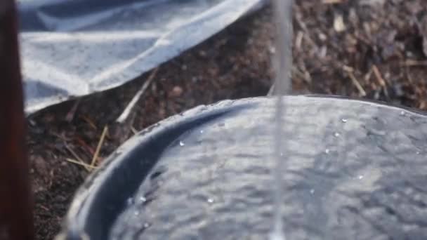 Jato Água Flui Sem Parar Transborda Balde Plástico — Vídeo de Stock
