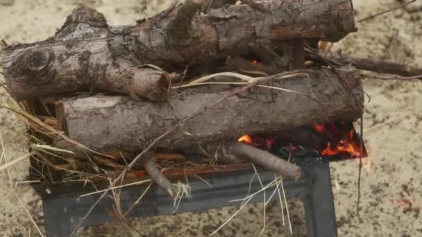 烤肉时 满地都是切碎的粗枝 开始燃烧 — 图库视频影像
