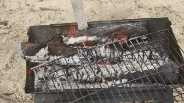 Brûler Bois Chauffage Dans Barbecue Portable Vue Dessus — Video