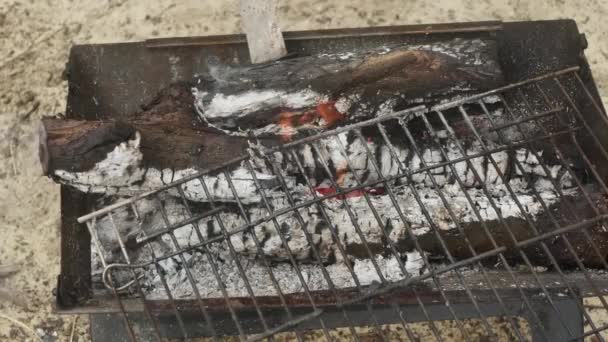 Primer Plano Quema Leña Una Barbacoa Camping — Vídeos de Stock