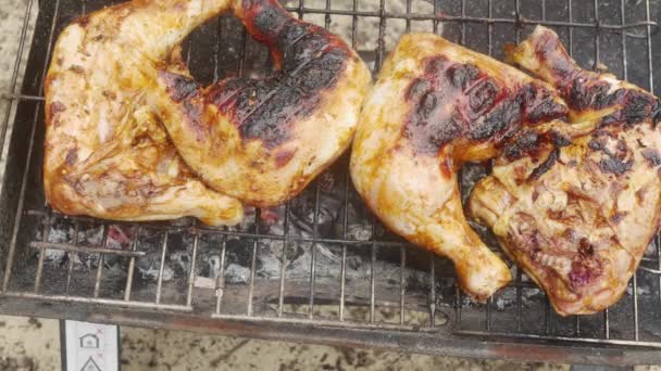 Deep Fried Chicken Legs Grill Outdoors Close — Stock Video
