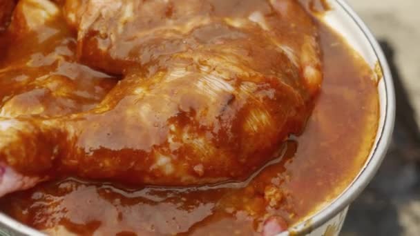 Marinated Chicken Legs Close Burning Barbecue — Stock Video