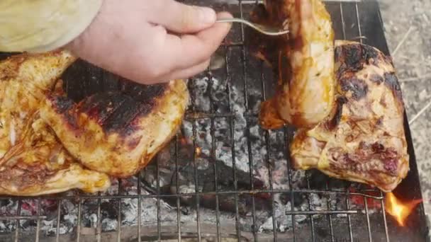 Deep Fried Chicken Legs Grill Outdoors — Stock Video