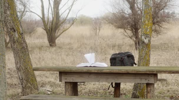 Wind Speelt Met Pagina Het Boek Liggend Tafel Natuur — Stockvideo