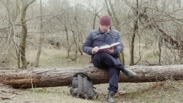 Turista Čte Pravoslavnou Bibli Lese Sedící Padlé Borovici — Stock video