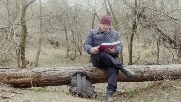 Turista Čte Pravoslavnou Bibli Lese Sedící Padlé Borovici — Stock video