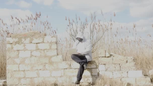 Ein Mann Der Natur Mit Kapuze Und Maske Sitzt Auf — Stockvideo