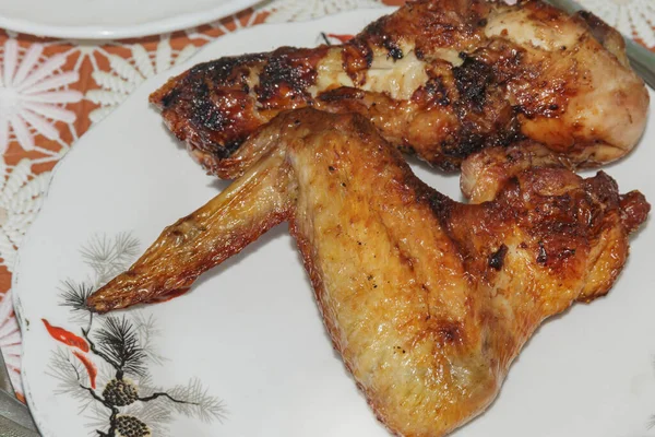 Aile Poulet Pilon Poulet Cuits Sur Feu Dans Une Assiette — Photo