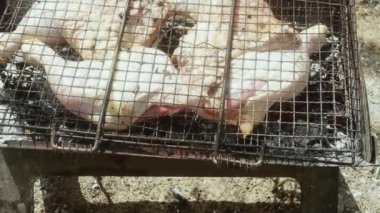 Tavuğun çiğ taze bacakları, yakın plan yanan odunlarla ızgaranın yanında pişiyor..
