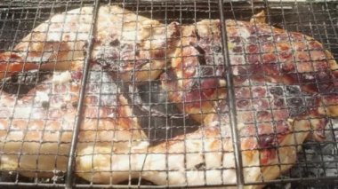  Chicken legs with an appetizing crust, Preparing in a camping barbecue grill, close-up.