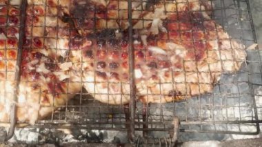 chicken meat with a crust in the smoke in the grill, close-up.