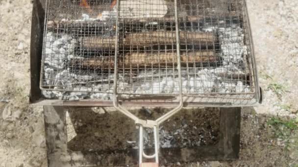 Burning Firewood Barbecue Grill Top View — Video