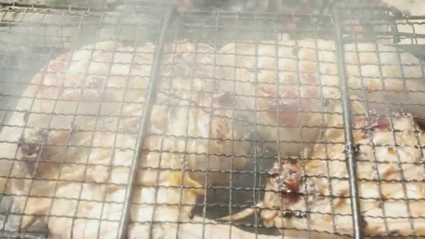 Chicken Legs Being Cooked Barbecue Grill Close Baked Potato — Video Stock
