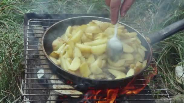 Hand Spoon Stir Potatoes Pan Camping Barbecue Grill — Wideo stockowe