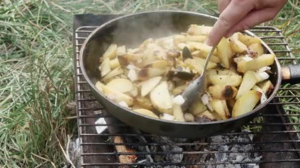 Hand Spoon Mix Potatoes Onions Fried Frying Pan Grill Grass — Vídeo de Stock