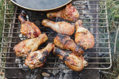  Tavuk budu ızgaranın üstünde, çimenlerdeki tavanın yanında, yakın plan..