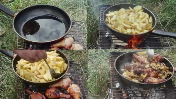 Kızarmış Patatesleri Tavuk Budu Ile Pişirme Sürecinin Kolajı — Stok video