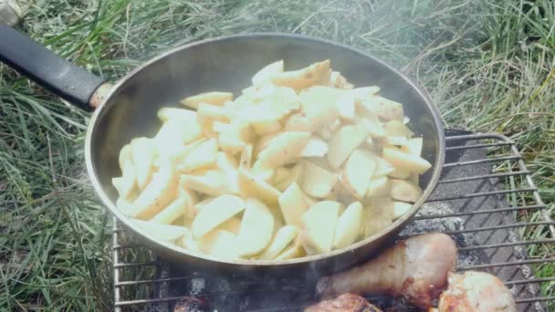 Ανάδευση Πιρούνι Ακόμα Ακατέργαστες Πατάτες Ένα Τηγάνι Ένα Ξέφωτο — Αρχείο Βίντεο