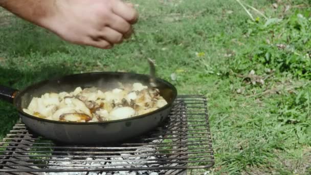 Uma Mão Com Garfo Tenta Prontidão Uma Batata Frita Apetitosa — Vídeo de Stock