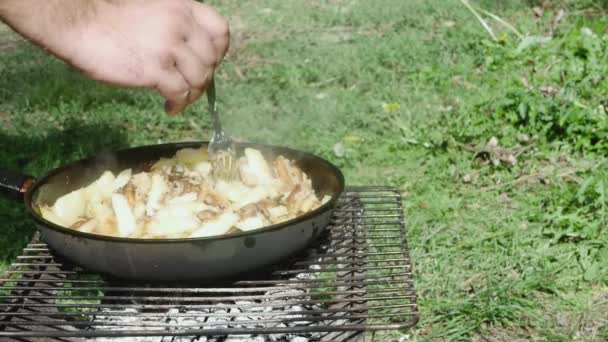 Χέρι Ένα Πιρούνι Δοκιμάζει Τηγανητές Πατάτες Ένα Τηγάνι Στη Σχάρα — Αρχείο Βίντεο