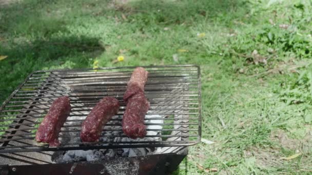 Las Manos Ponen Las Salchichas Carne Parrilla Naturaleza Claro — Vídeos de Stock