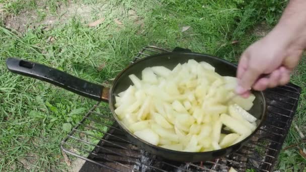 Aşçının Eli Çiğ Patatesleri Kızartılmış Tavada Çimenlerde Karıştırır — Stok video