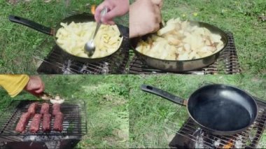 Kızarmış patates kolajı ve mantarlı sosis, doğada ızgara..