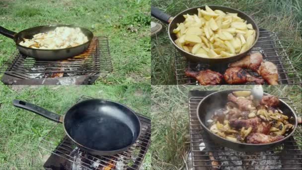 用鸡鸡腿在高温条件下烤的炸土豆片烹调过程中的拼贴 — 图库视频影像
