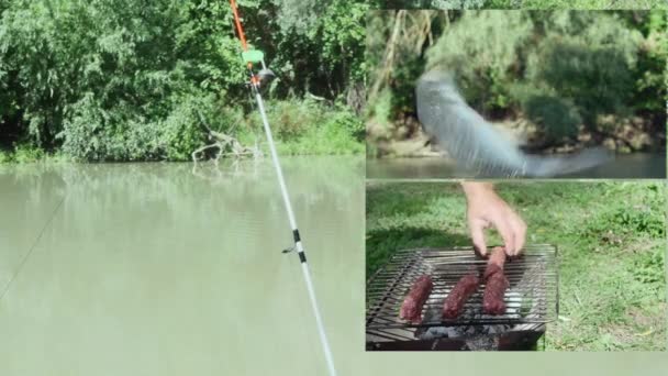 森を背景に川のほとりで漁をするために回転する魚のコラージュフックとグリルした肉ソーセージ — ストック動画