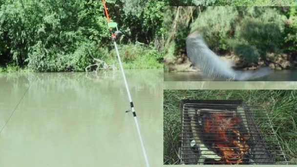 川の岸で魚を釣るための紡糸のコラージュフックで魚の糸巻きと大きな炎のフライパンで揚げジャガイモを調理 — ストック動画