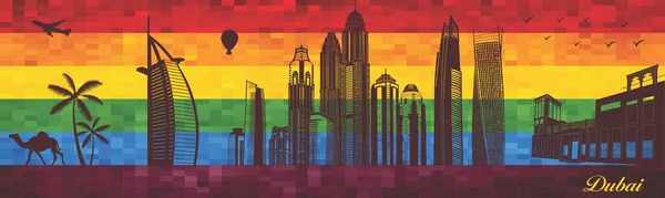 Dubai Fundo Bandeira Lgbt Ilustração Cidade Fundo Arco Íris Silhueta — Vetor de Stock