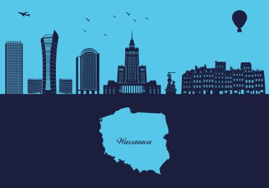 Varşova şehrinin silueti - illüstrasyon, mavi arka planda kasaba, Polonya haritası