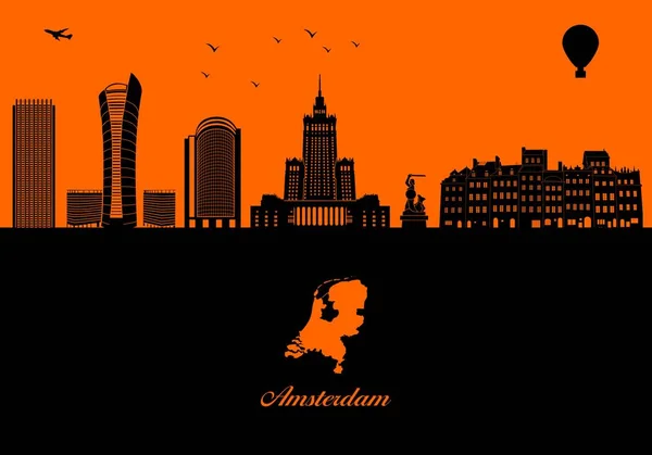 Силуэт Горизонта Амстердама Иллюстрация Город Оранжевом Фоне Карта Недерландса — стоковый вектор