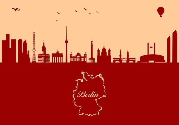 Berlínská Silueta Města Ilustrace Město Pozadí Maroonu Mapa Německa — Stockový vektor