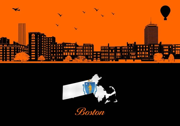 Boston City Skyline Silhouette Иллюстрация Город Оранжевом Фоне Карта Массачусетса — стоковый вектор