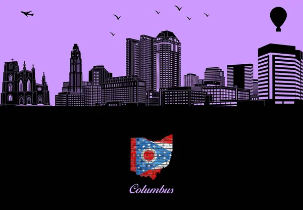Columbus City Silueti Illüstrasyon Mavi Arka Planda Kasaba Ohio Haritası — Stok Vektör