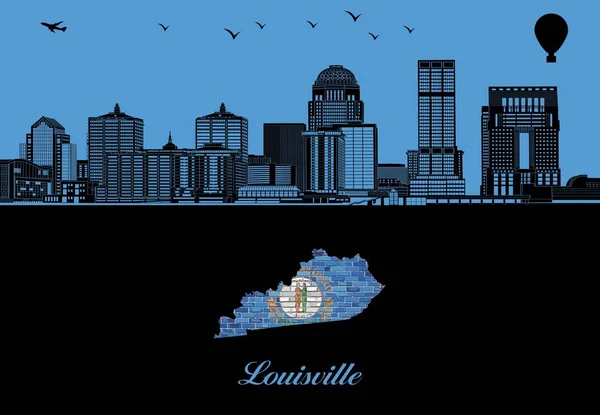 Louisville Stad Silhuett Illustration Stad Blå Bakgrund Karta Över Kentucky — Stock vektor