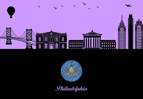 Filadelfijska Sylwetka Miasta Ilustracja Miasto Fioletowym Tle Flaga Pensylwanii — Wektor stockowy