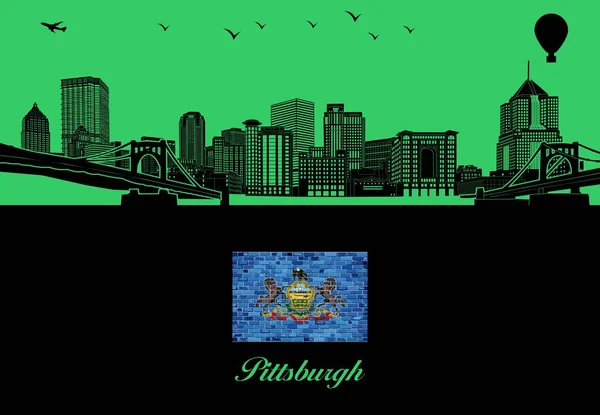 ピッツバーグ市スカイラインシルエット イラスト 黄色の背景の町 ペンシルベニア州の旗 — ストックベクタ
